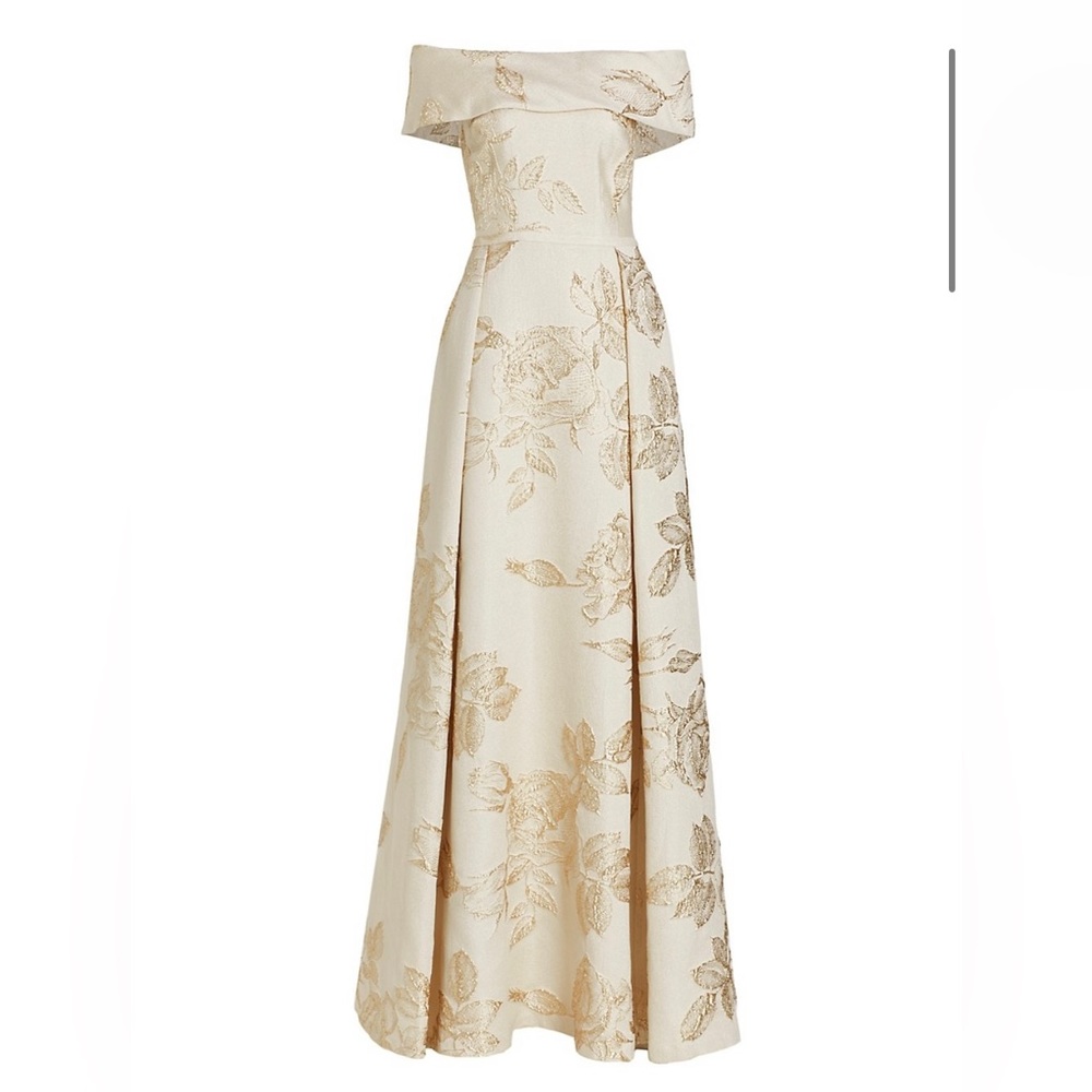 Teri Jon by Rickie Freeman Floral Jacquard Off-The-Shoulder Gown (size 14)